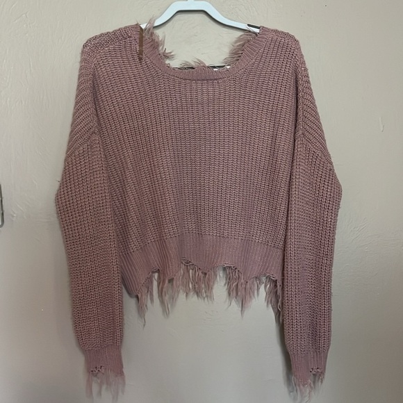 Polly & Esther Destructed Frayed Edge V-Neck Long Sleeve Junior's Sweater. - Picture 3 of 4
